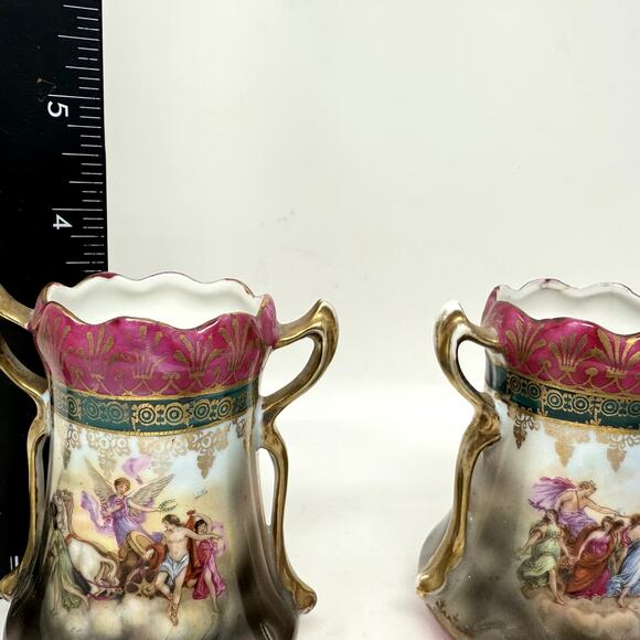 Lot 2 Antique Porcelain Decorative Cups Vases with Gold Trim Hand Painted Scene - Picture 3 of 10